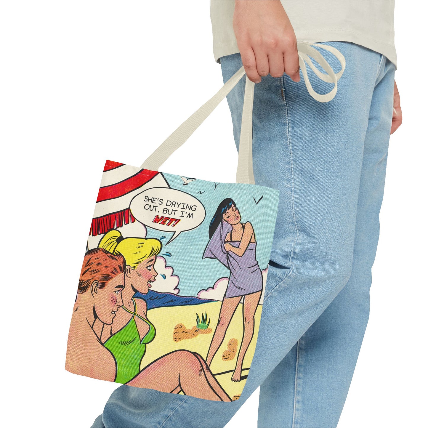 MsBehaive Beach Tote Bag – "She's Drying Out, But I'm Wet" All-Over Print