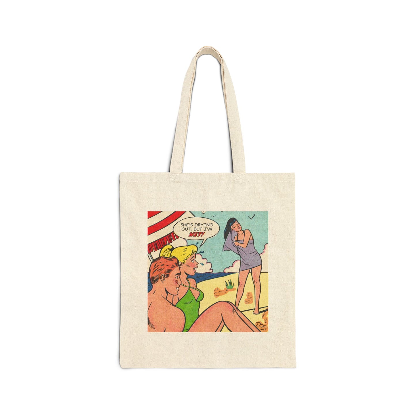 Beach Tote Bag — Retro Pop Art "She's Wet" Canvas Tote