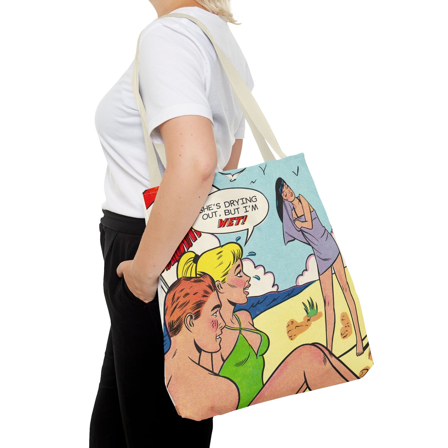MsBehaive Beach Tote Bag – "She's Drying Out, But I'm Wet" All-Over Print