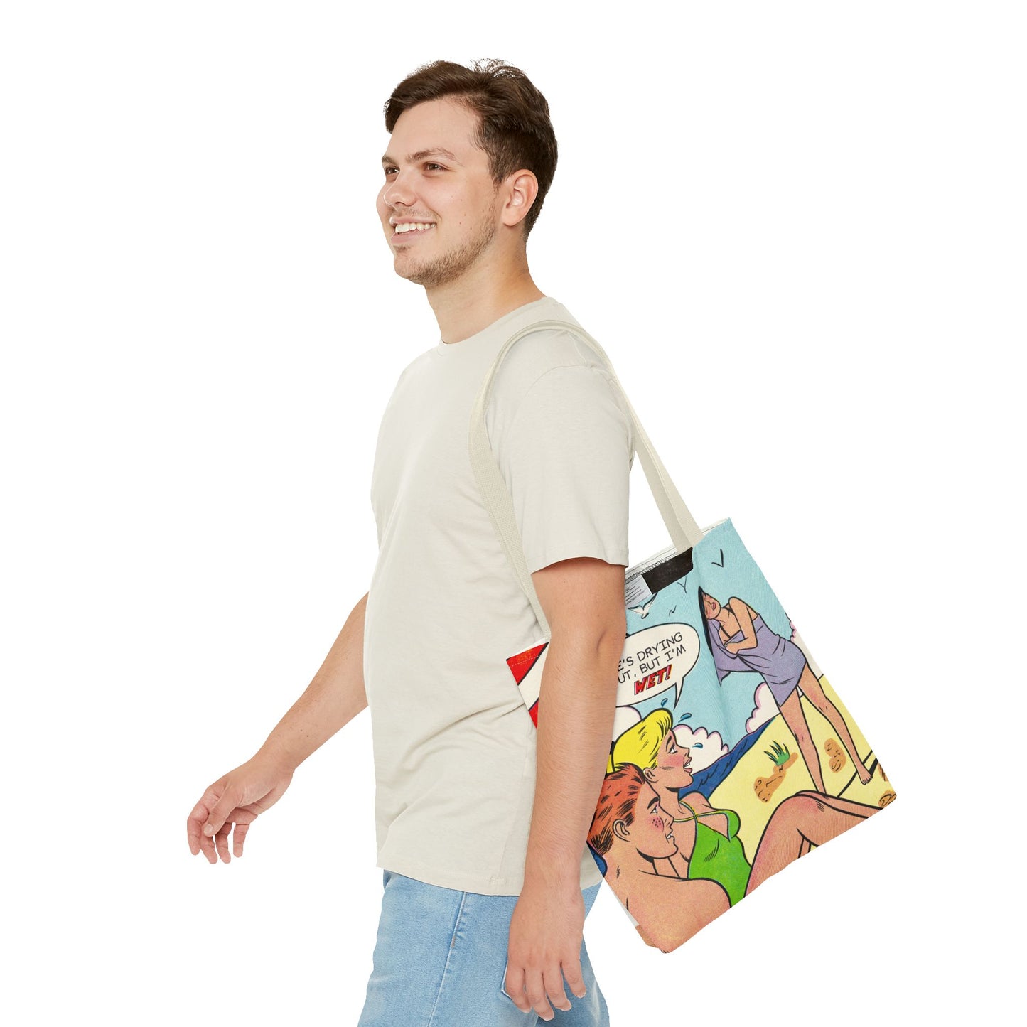 MsBehaive Beach Tote Bag – "She's Drying Out, But I'm Wet" All-Over Print