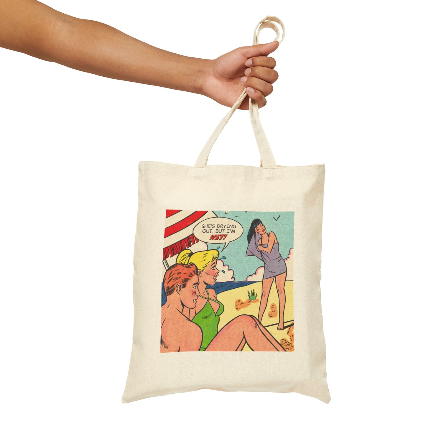 Beach Tote Bag — Retro Pop Art "She's Wet" Canvas Tote