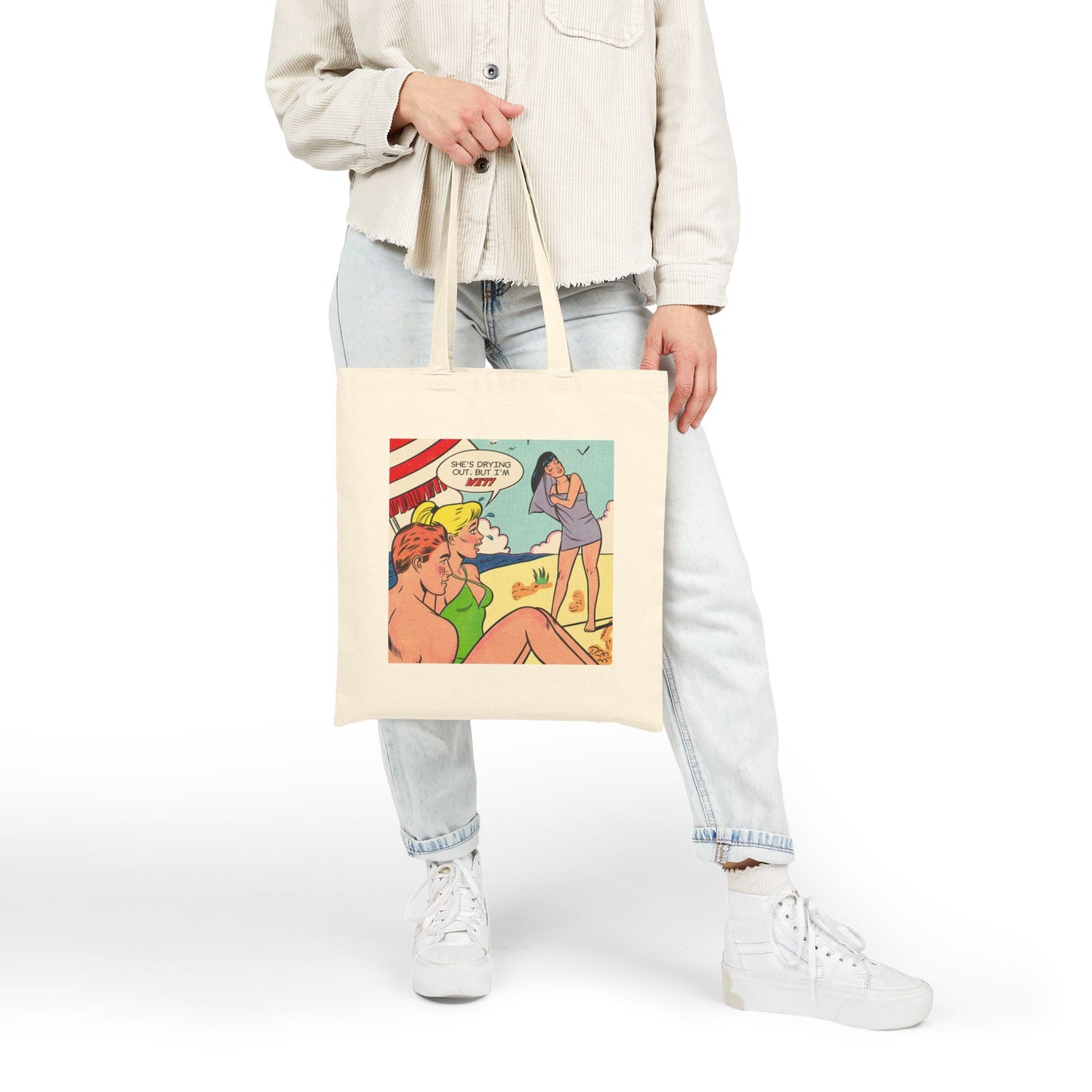Beach Tote Bag — Retro Pop Art "She's Wet" Canvas Tote