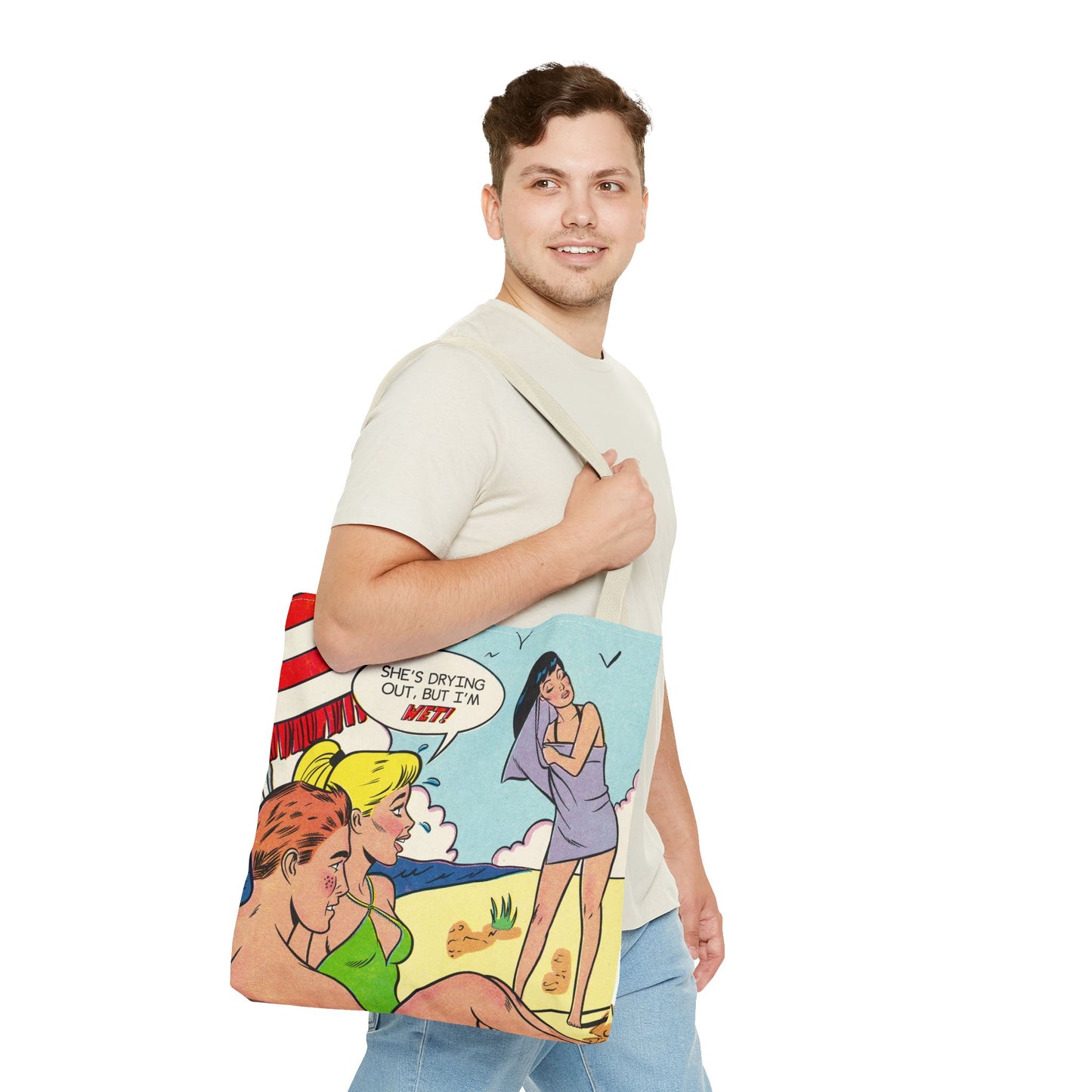 MsBehaive Beach Tote Bag – "She's Drying Out, But I'm Wet" All-Over Print