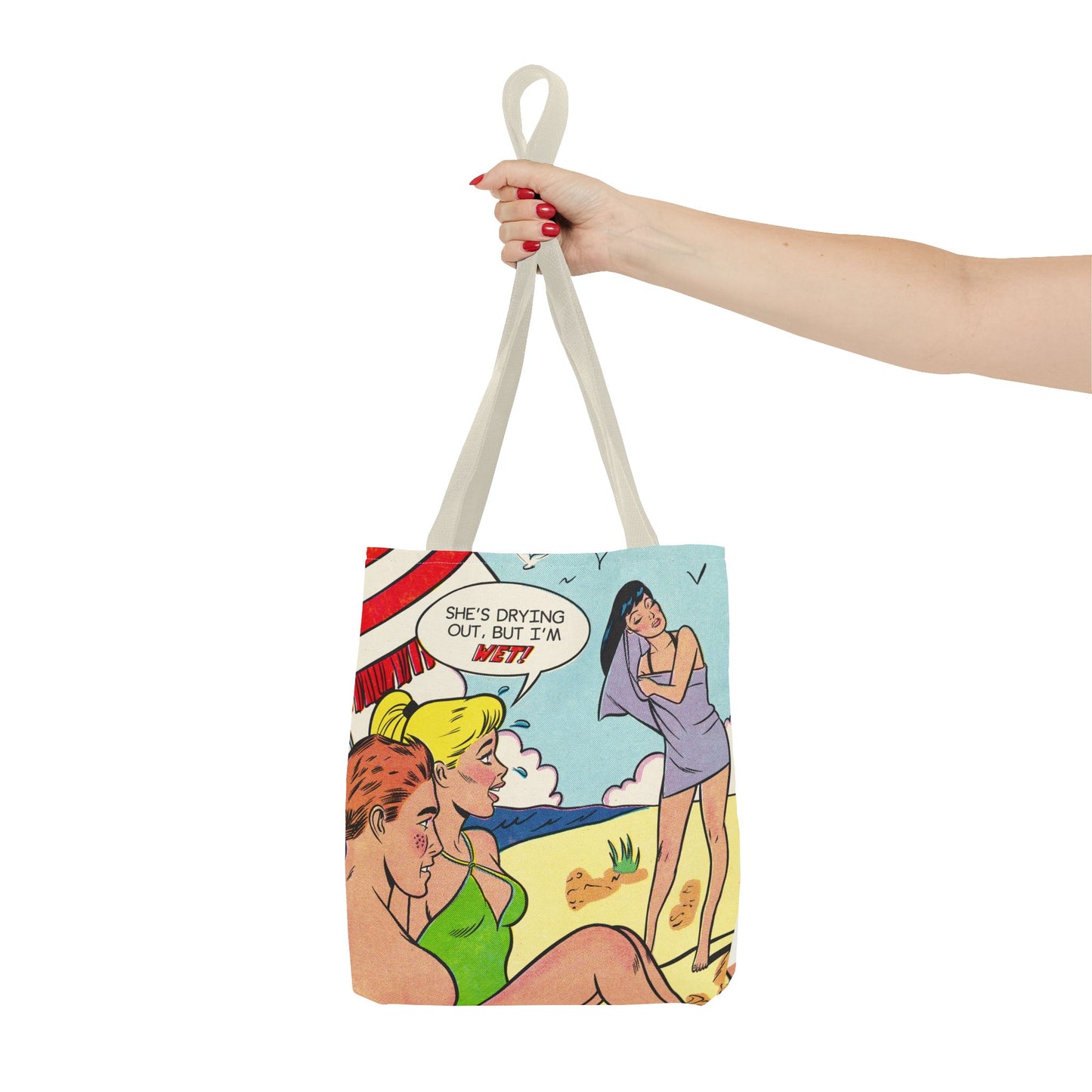 MsBehaive Beach Tote Bag – "She's Drying Out, But I'm Wet" All-Over Print